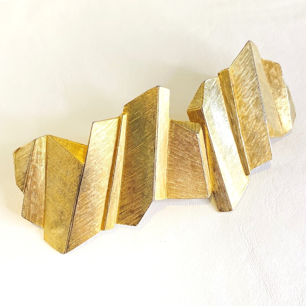 Vintage Brutalist Belt Buckle Gold Tone Geometric Textured Signed Lauren J